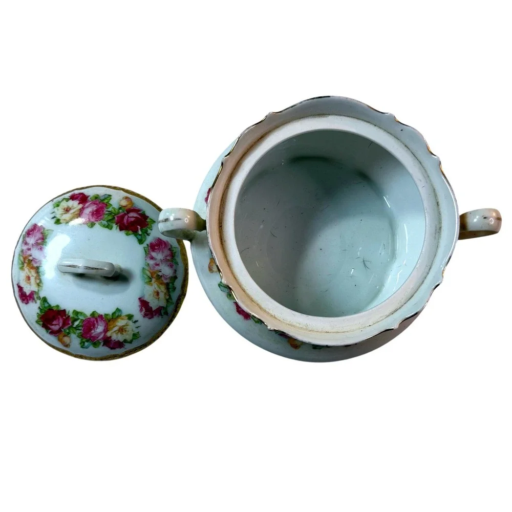 PK Silesia Sugar Bowl Antique Porcelain Pink Roses Cottagecore Victorian